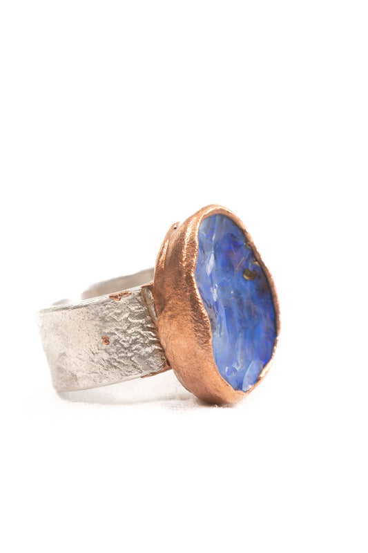 large australian blue opal statement ring with recycled sterling silver and copper