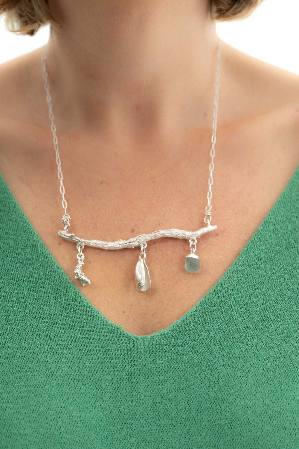 beachcomber's necklace silver shells, sea glass, and driftwood
