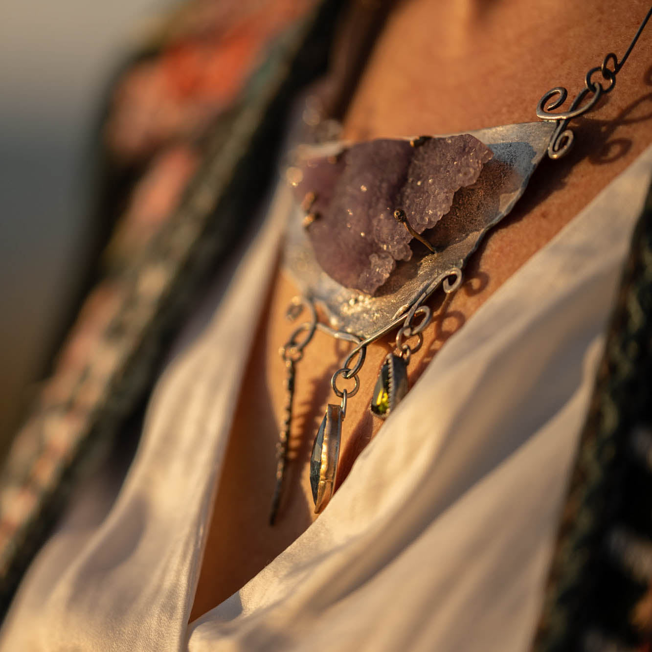 Whimsical Grape Agate Statement Necklace with Tourmaline and Kyanite in Silver and Gold
