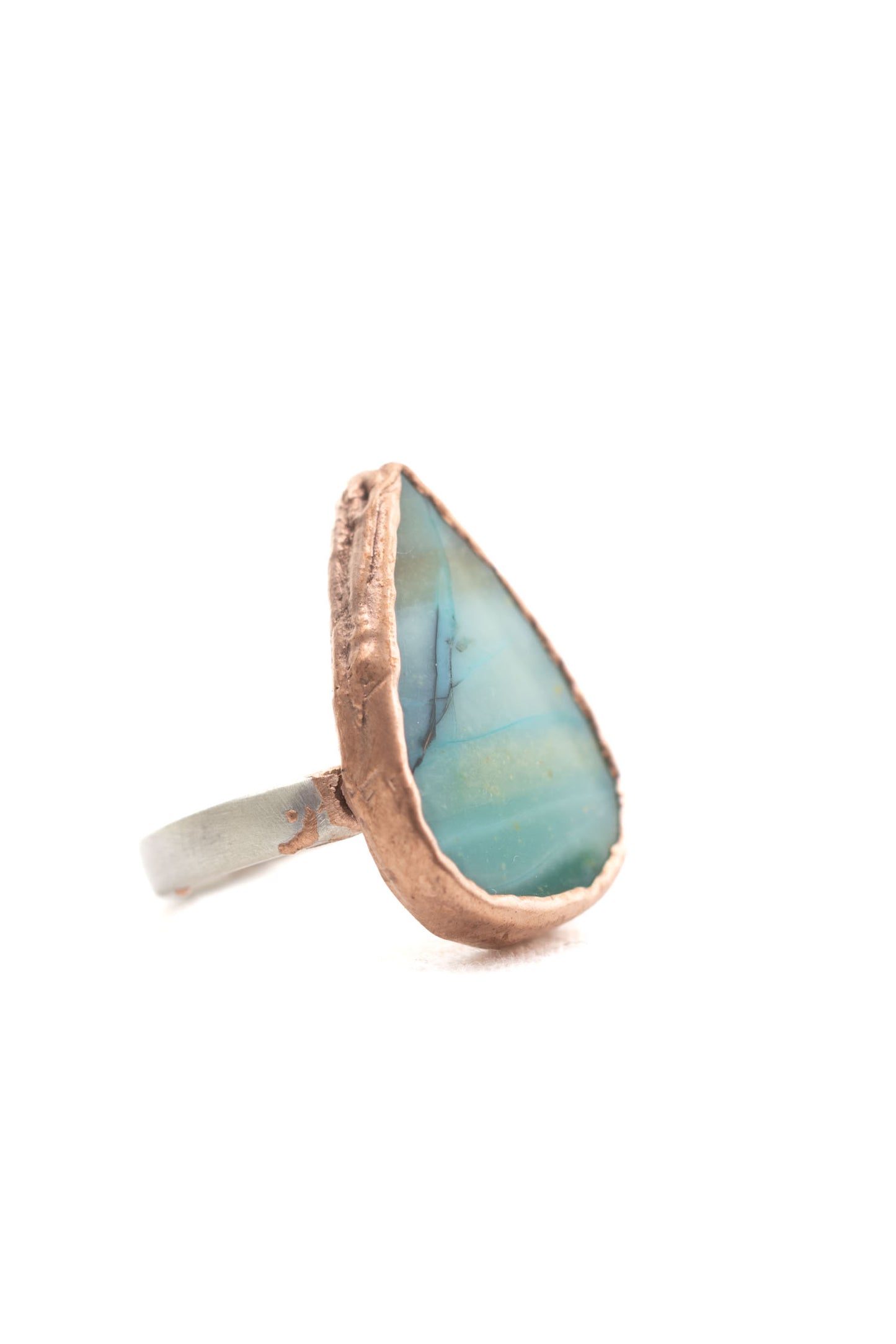 beach stone wood opal ring silver and copper