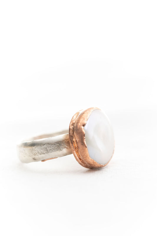 pearl ring in copper and sterling silver