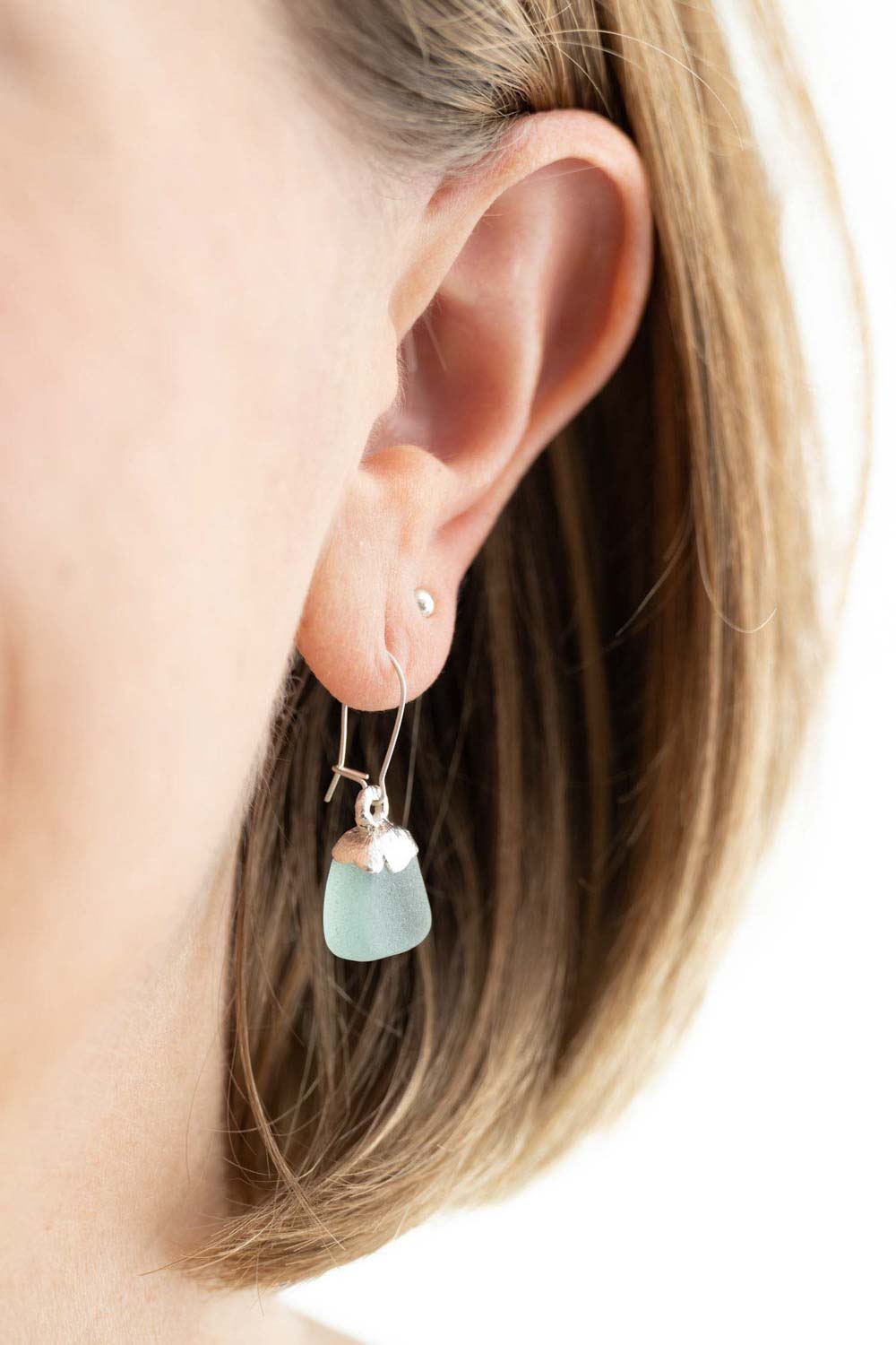 small aqua sea glass silver dangle earrings