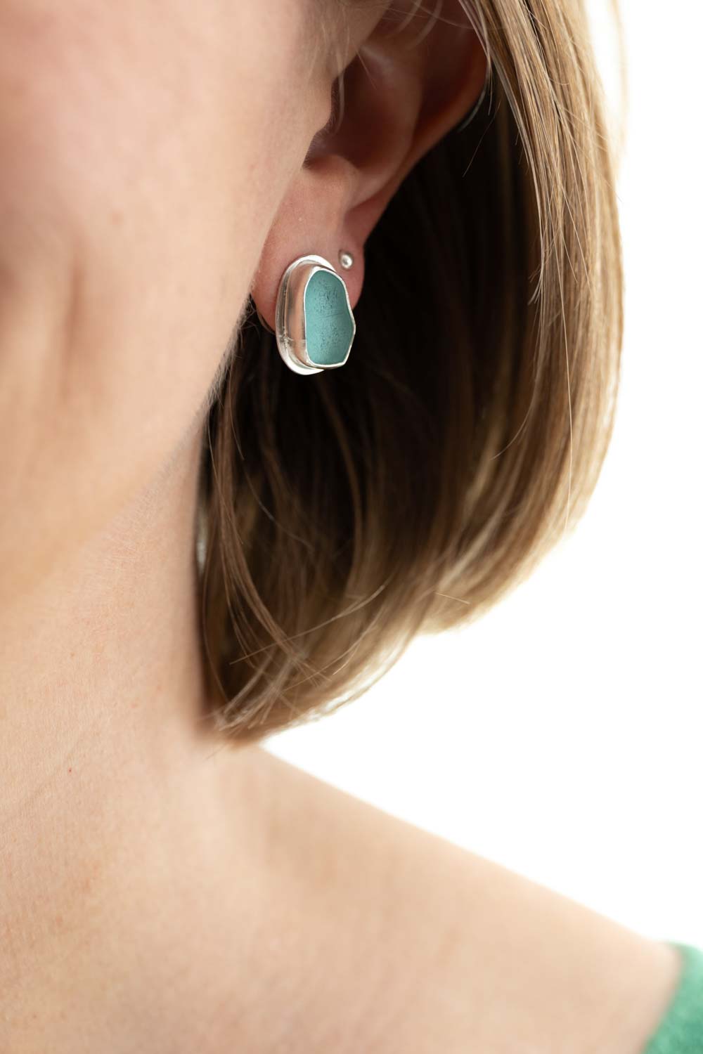 silver sea glass stud earrings