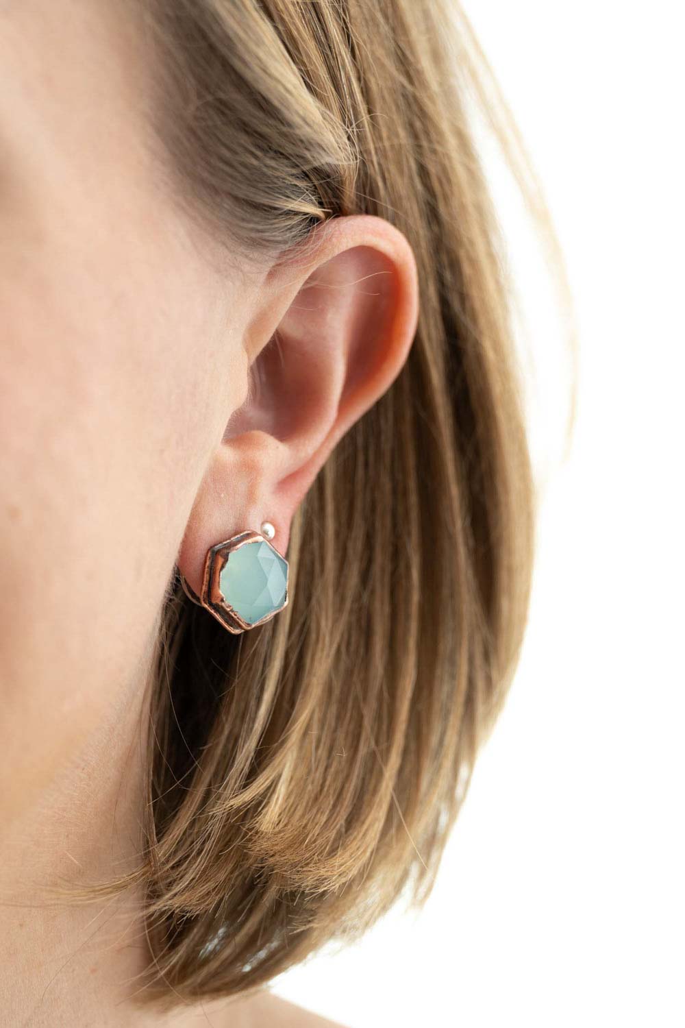 aqua chalcedony silver and copper stud earrings