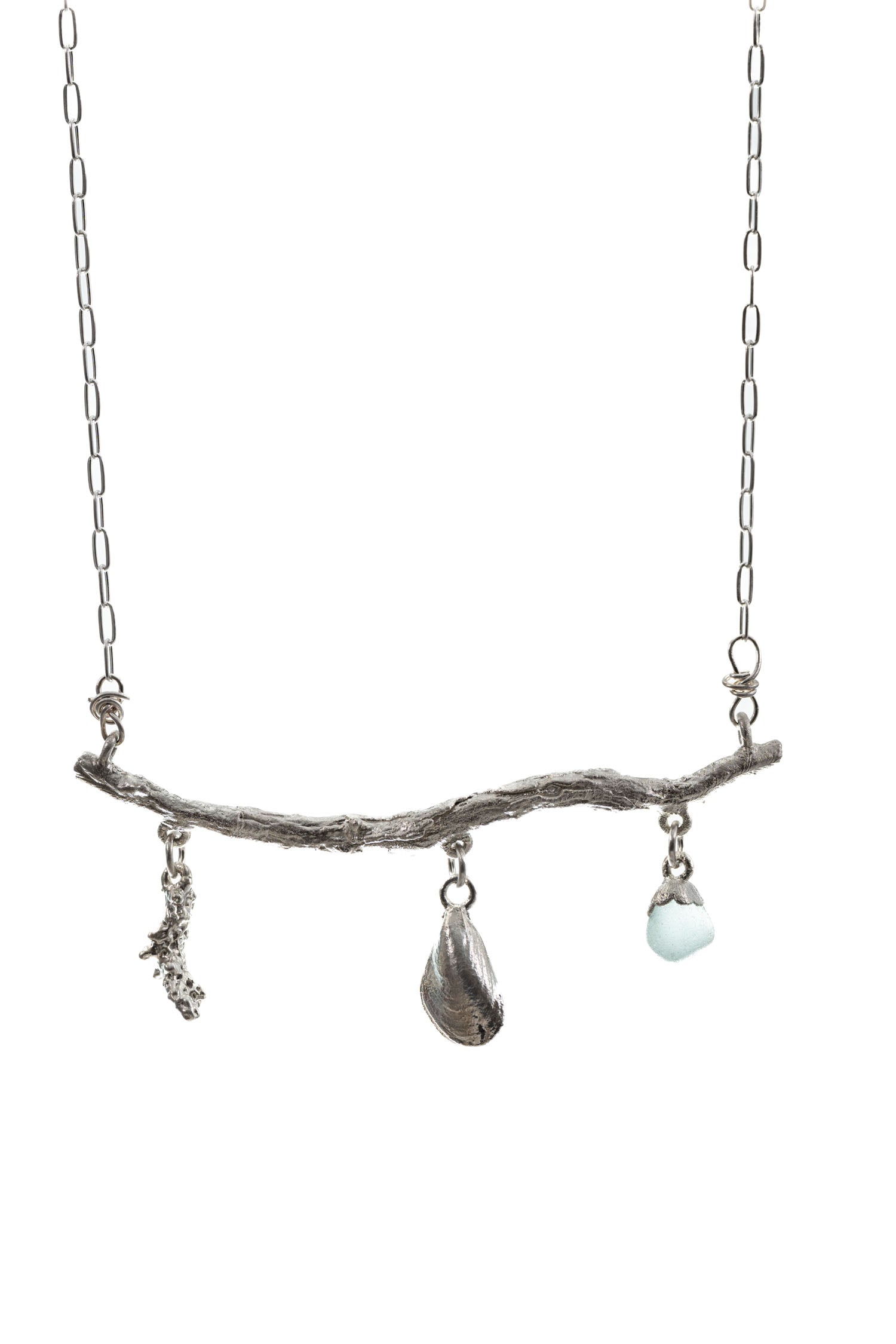 beachcomber's necklace silver shells, sea glass, and driftwood