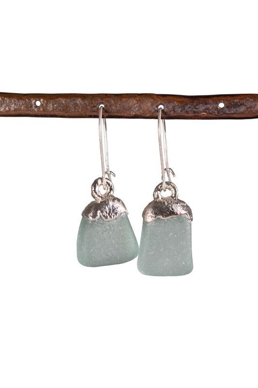 small aqua sea glass sterling silver dangle earrings