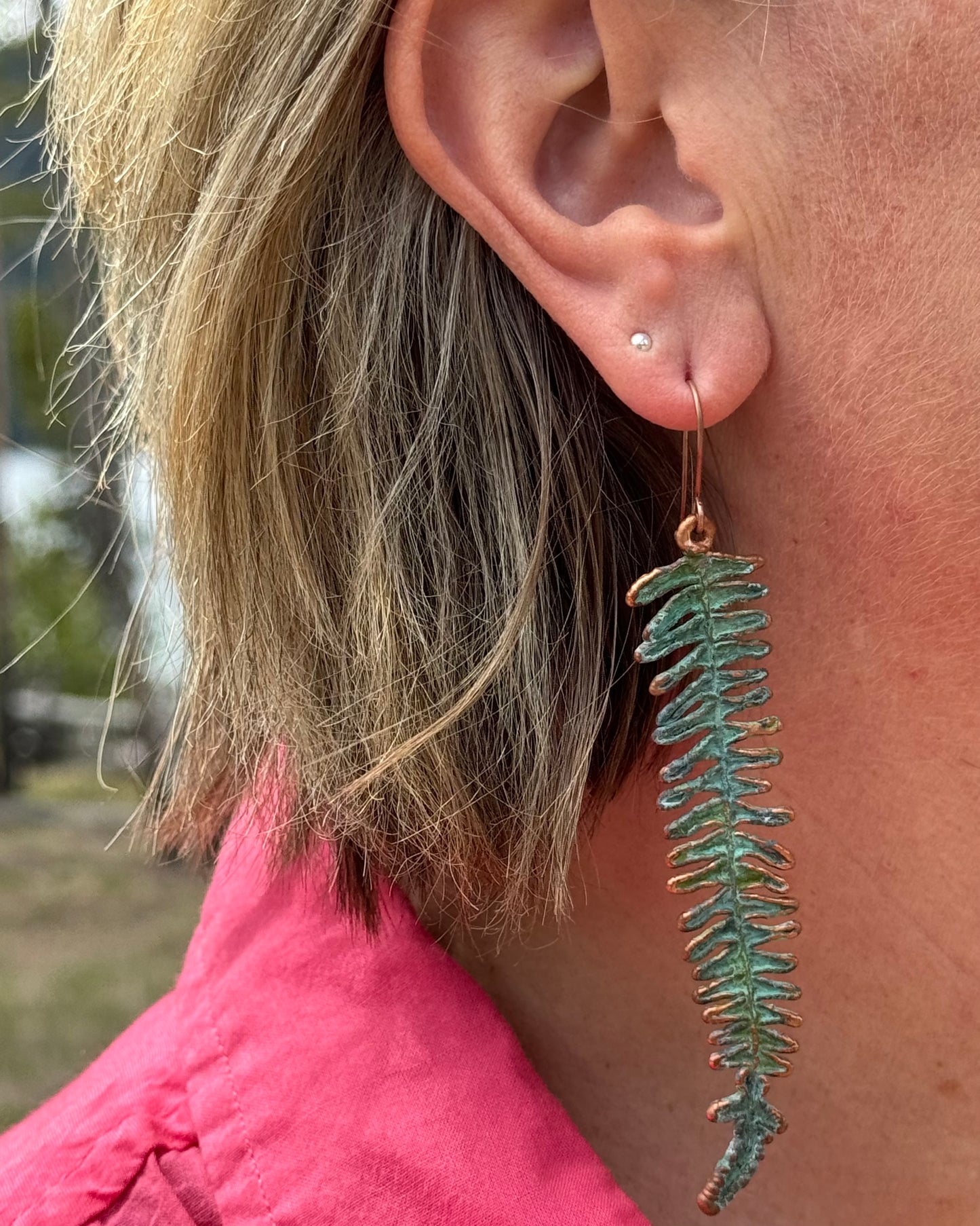 Long Green Fern Earrings Weathered Copper Finish