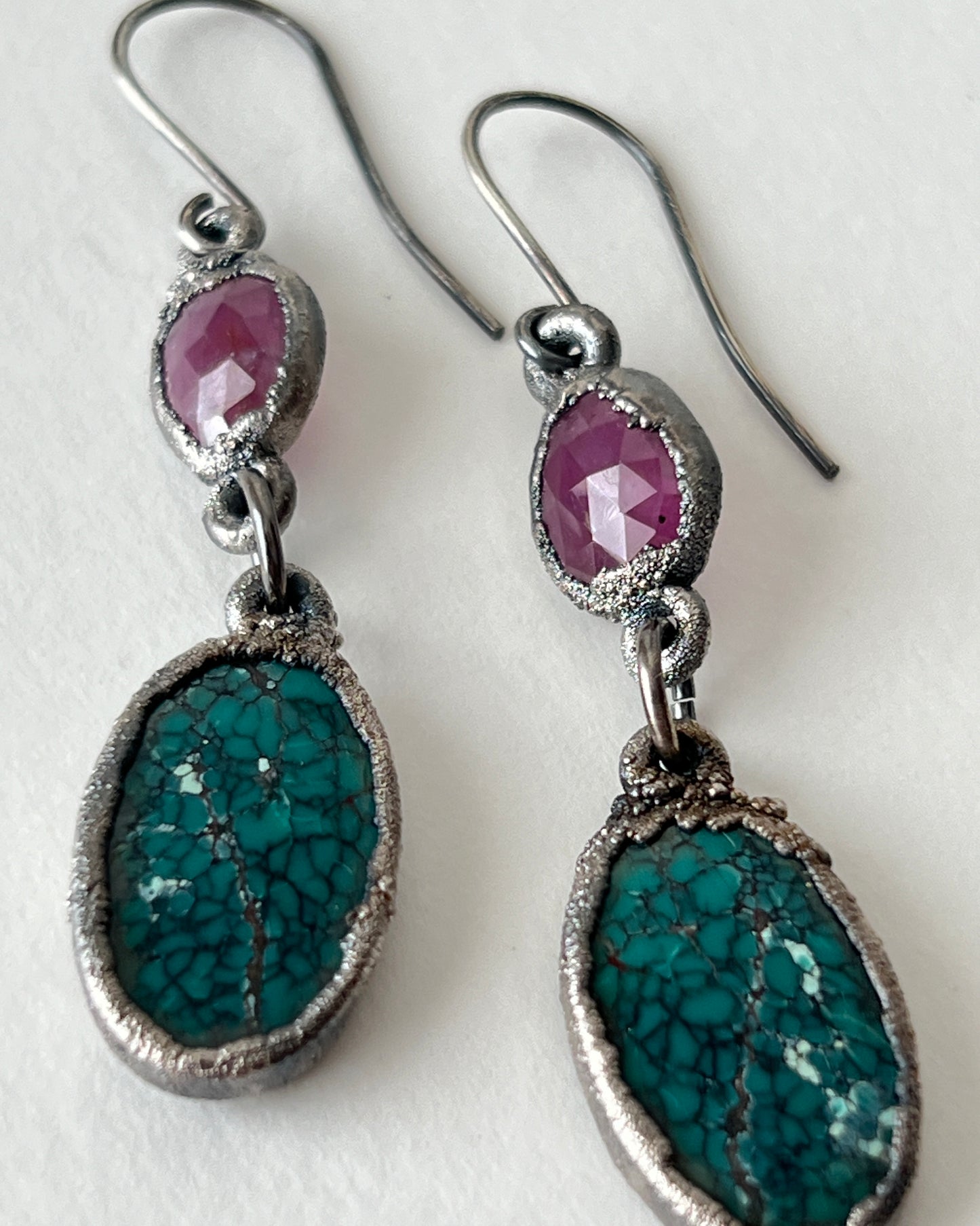 Turquoise and Pink Sapphire Silver Dangle Earrings