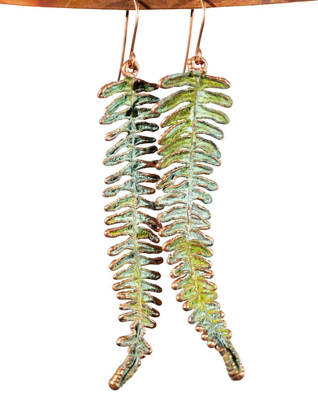 Long Green Fern Earrings Weathered Copper Finish