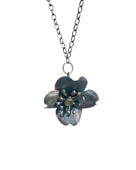 Dogwood Flower Necklace in Sterling Silver with Peridot