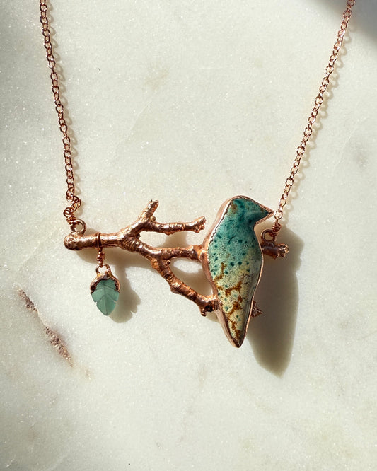 Bird Jasper on Real Branch Necklace with Chalcedony Leaf