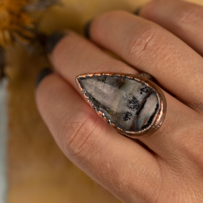 landscape wood opal stone set in copper with a silver band