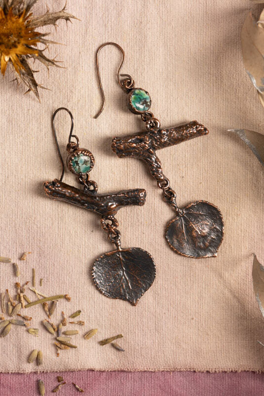 real aspen leaf twig and turquoise earrings in copper