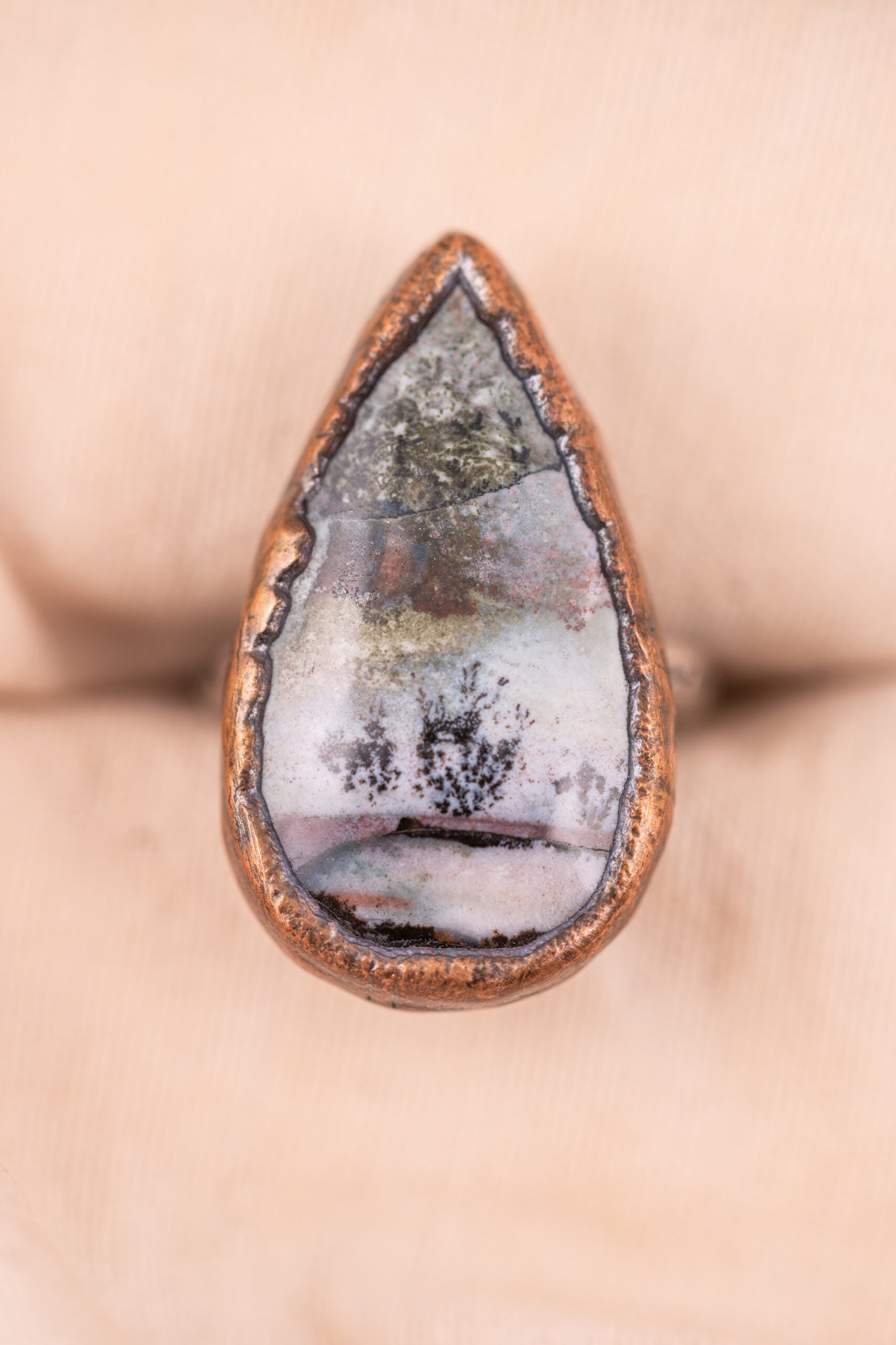 landscape wood opal stone ring in copper with a sterling silver band