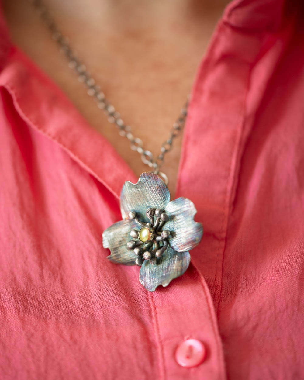 Dogwood Flower Necklace in Sterling Silver with Peridot