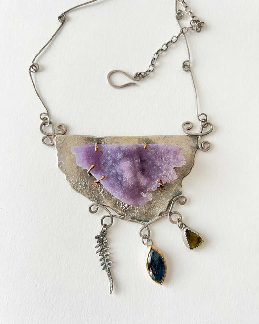 Whimsical Grape Agate Statement Necklace with Tourmaline and Kyanite in Silver and Gold